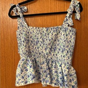 SHEIN Blue and White Floral Smocked Blouse